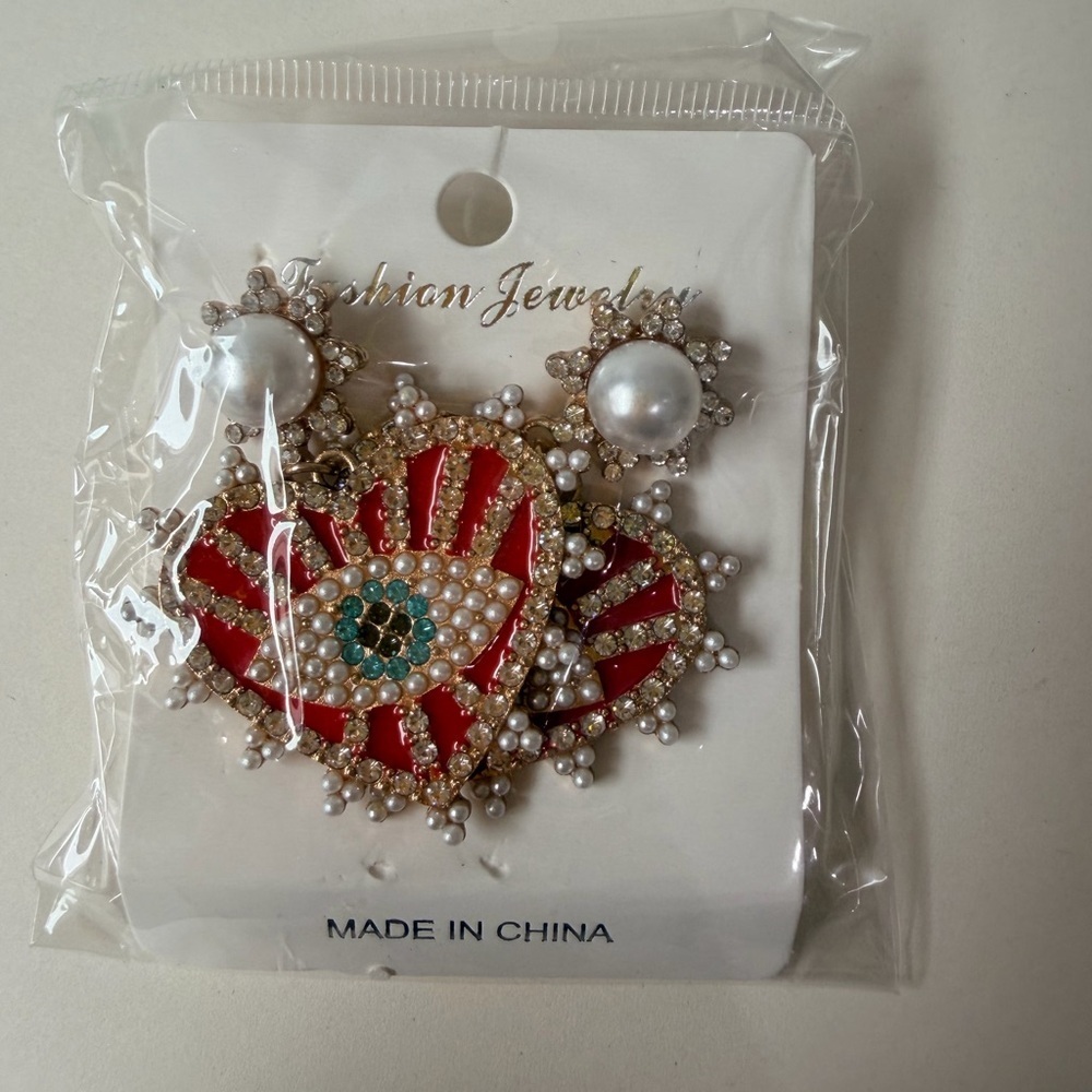 Red Gold Eye Heart Earrings Pearl Beaded Statement Romantic Maximalist